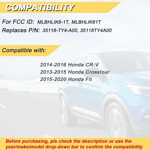 Vurkcy Key Fob Replacement for 2015-2020 Honda Fit/ 13-15 Crosstour/ 14-16 CR-V Car Keyless Entry Remote Control, MLBHLIK6-1T MLBHLIK61T, 3 Buttons in Kuwait