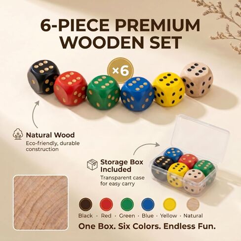 6 Pack Wooden Dice Set, 30mm Large 6 Sided D6 with Rounded Corners, Jumbo Solid Wood Game Dice for Table Board Games, DND, RPG, Math Learning & Party Favors (Multi-Color) in Kuwait