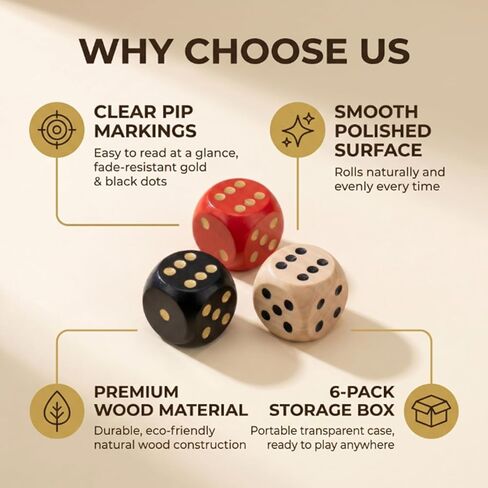6 Pack Wooden Dice Set, 30mm Large 6 Sided D6 with Rounded Corners, Jumbo Solid Wood Game Dice for Table Board Games, DND, RPG, Math Learning & Party Favors (Multi-Color) in Kuwait