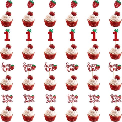 24 PCS Strawberry Cupcake Toppers for 1st Birthday, Glitter Berry Cupcake Toppers for First Birthday, Red Strawberry Cup Cake Picks Decorations for 1st Baby Shower Party Supplies, 4 Styles in Saudi Arabia