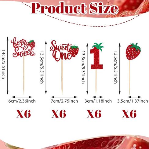 24 PCS Strawberry Cupcake Toppers for 1st Birthday, Glitter Berry Cupcake Toppers for First Birthday, Red Strawberry Cup Cake Picks Decorations for 1st Baby Shower Party Supplies, 4 Styles in Saudi Arabia