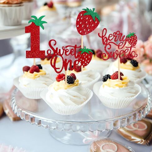 24 PCS Strawberry Cupcake Toppers for 1st Birthday, Glitter Berry Cupcake Toppers for First Birthday, Red Strawberry Cup Cake Picks Decorations for 1st Baby Shower Party Supplies, 4 Styles in Saudi Arabia