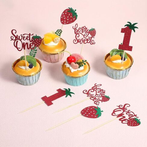24 PCS Strawberry Cupcake Toppers for 1st Birthday, Glitter Berry Cupcake Toppers for First Birthday, Red Strawberry Cup Cake Picks Decorations for 1st Baby Shower Party Supplies, 4 Styles in Saudi Arabia