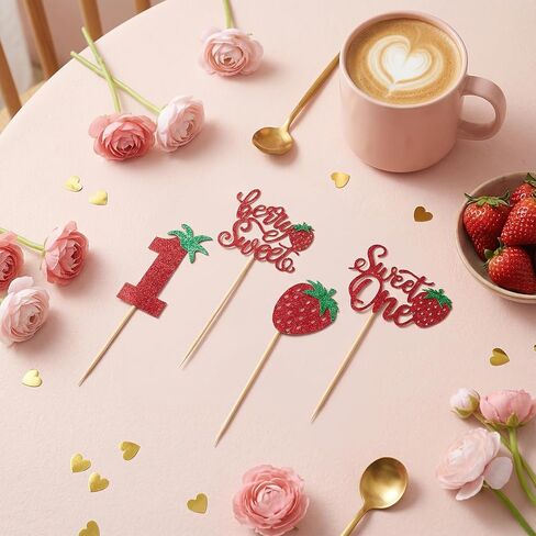 24 PCS Strawberry Cupcake Toppers for 1st Birthday, Glitter Berry Cupcake Toppers for First Birthday, Red Strawberry Cup Cake Picks Decorations for 1st Baby Shower Party Supplies, 4 Styles in Saudi Arabia