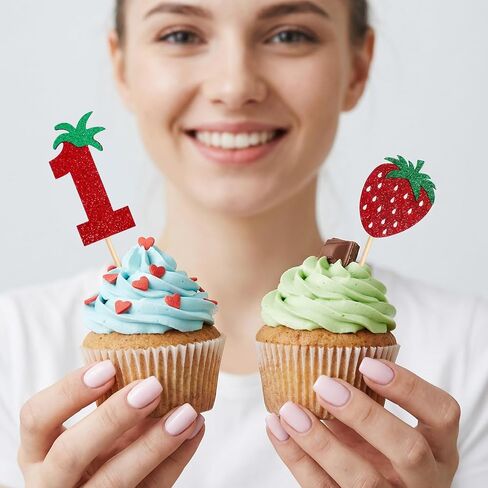 24 PCS Strawberry Cupcake Toppers for 1st Birthday, Glitter Berry Cupcake Toppers for First Birthday, Red Strawberry Cup Cake Picks Decorations for 1st Baby Shower Party Supplies, 4 Styles in Saudi Arabia