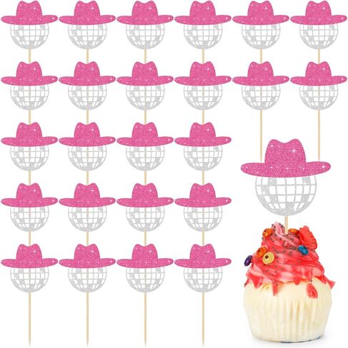 Barydat 60 Pcs Glitter Disco Ball Cupcake Topper Cowgirl Hat Cake Decorations Mini Cowboy Party Decorations with Picks for Birthday Disco 2000s Theme Party(Simple) in Kuwait