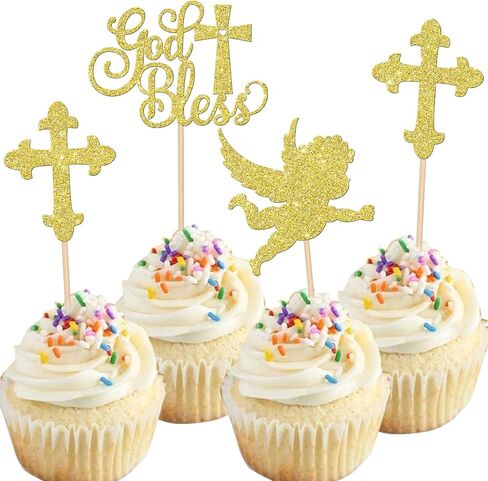 Rsstarxi 24 Pack Baptism Cupcake Toppers First Communion Cupcake Toppers Glitter Cross God Bless Cupcake Picks for Baby Shower Christian Baptism Party Cake Decorations Silver in Kuwait