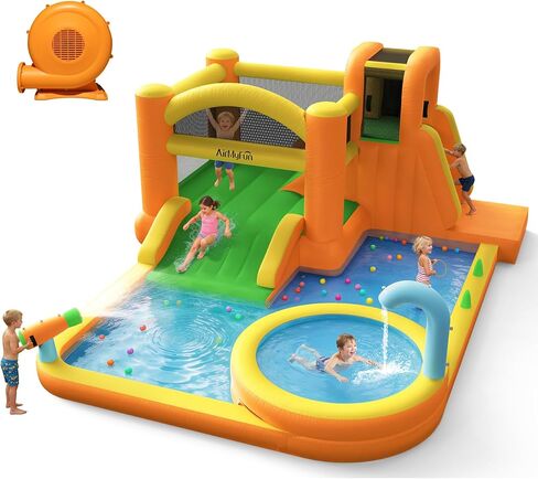 AirMyFun Water Slides for Kids Backyard, 9 in 1 Water Bounce House for Kids Backyard with Slide, Large Deep Pool, Climbing Wall, Water Cannon, Basketball Hoop, Inflatable Water Park with Blower in Saudi Arabia