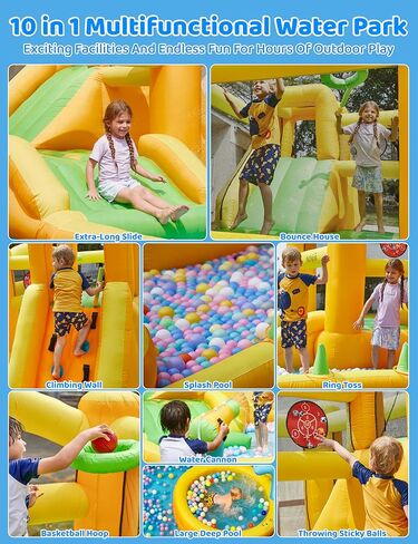 AirMyFun Water Slides for Kids Backyard, 9 in 1 Water Bounce House for Kids Backyard with Slide, Large Deep Pool, Climbing Wall, Water Cannon, Basketball Hoop, Inflatable Water Park with Blower in Saudi Arabia