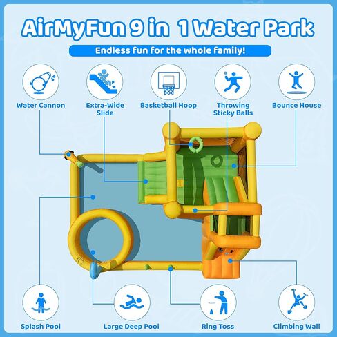AirMyFun Water Slides for Kids Backyard, 9 in 1 Water Bounce House for Kids Backyard with Slide, Large Deep Pool, Climbing Wall, Water Cannon, Basketball Hoop, Inflatable Water Park with Blower in Saudi Arabia