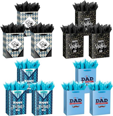 Ranfashiong 12 Pack Fathers Day Gift Bags Bulk with Handle Kraft Paper Tote Goodie Candy Package for Best Dad Grandpa Grandfather Men Party Supplies (Black & Blue) in Saudi Arabia
