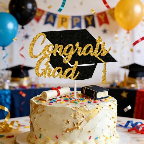 Graduation Cake Topper, Congrats Grad Cake Topper Decorations, Class of 2026 Graduation Party Decorations, Black Gold Decor Party Supply for Congrats Grad in Saudi Arabia