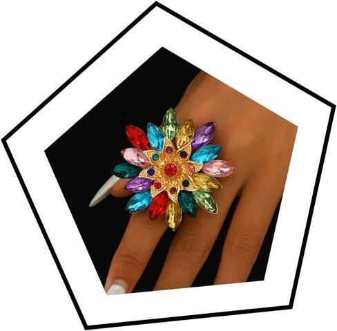 Vintage Rhinestone Sunflower Ring Colorful Large Flower Ring Sparkling Rainbow Crystal Sunflower Statement Knuckle Open Ring Wedding Party Prom Jewerly Accessories for Women in Saudi Arabia