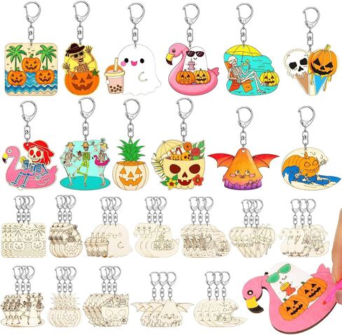 48 Pcs Summer Halloween Crafts Keychains Bulk Color Your Own Keychain DIY Coloring Unfinished Wooden Keyring Summer Halloween Gifts Home Active Party Favors in Kuwait
