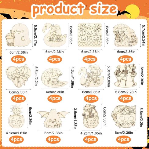 48 Pcs Summer Halloween Crafts Keychains Bulk Color Your Own Keychain DIY Coloring Unfinished Wooden Keyring Summer Halloween Gifts Home Active Party Favors in Kuwait