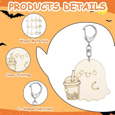 48 Pcs Summer Halloween Crafts Keychains Bulk Color Your Own Keychain DIY Coloring Unfinished Wooden Keyring Summer Halloween Gifts Home Active Party Favors in Kuwait