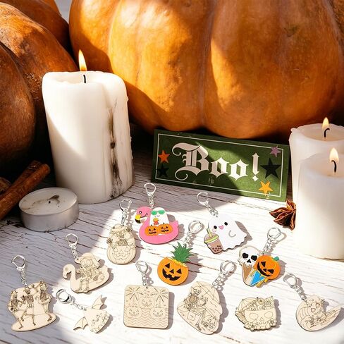 48 Pcs Summer Halloween Crafts Keychains Bulk Color Your Own Keychain DIY Coloring Unfinished Wooden Keyring Summer Halloween Gifts Home Active Party Favors in Kuwait