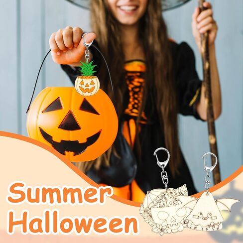 48 Pcs Summer Halloween Crafts Keychains Bulk Color Your Own Keychain DIY Coloring Unfinished Wooden Keyring Summer Halloween Gifts Home Active Party Favors in Kuwait