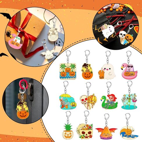 48 Pcs Summer Halloween Crafts Keychains Bulk Color Your Own Keychain DIY Coloring Unfinished Wooden Keyring Summer Halloween Gifts Home Active Party Favors in Kuwait