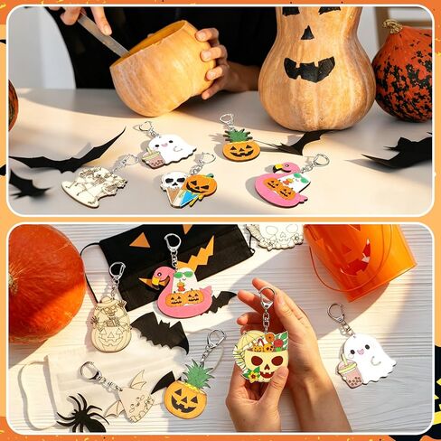 48 Pcs Summer Halloween Crafts Keychains Bulk Color Your Own Keychain DIY Coloring Unfinished Wooden Keyring Summer Halloween Gifts Home Active Party Favors in Kuwait