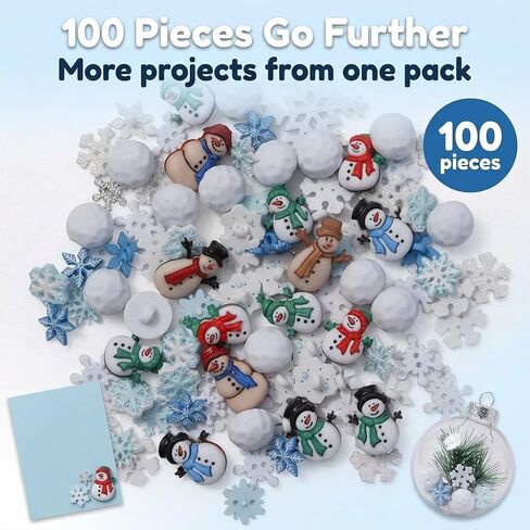 Winter Crafting Buttons Set, 100-Pack Snowman, Snowball and Snowflake Designs, White and Blue Holiday Decorative Buttons for Sewing and DIY Projects in Kuwait