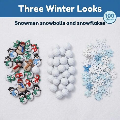 Winter Crafting Buttons Set, 100-Pack Snowman, Snowball and Snowflake Designs, White and Blue Holiday Decorative Buttons for Sewing and DIY Projects in Kuwait