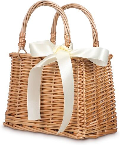 ABOOFAN Wicker Handbag Woven Rattan Basket Purse for Women Top Handle Wedding Flower Girl Baskets Boho Style Beach Bag Straw Tote Bag Summer Clutch Picnic Basket Purse White in Saudi Arabia