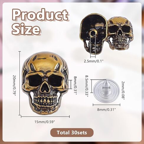 arricraft 30 Sets Skull Alloy Rivets, Metal Skeleton Rivet Halloween Skull Shape Rivets with Screw for Purse Handbag Shoes Punk Rock Leather Craft Clothes Belt (Golden) in Kuwait