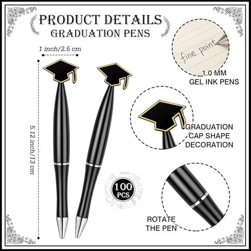 Supervitae 100 Pcs Graduation Pens Bulk Novelty Graduation Cap Ballpoint Pens 1 mm Black Gel Ink Party Favor Gift for Men Women Office University College Senior High School Supply in Saudi Arabia