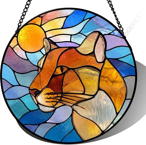 Stained Glass Suncatcher Mountain Lion Art Window Hanging, Sunset Wildlife Decor for Home, Unique Gift for Mom, Grandma, Wife, Nature Lover, Birthday Housewarming (Mixed,11.8×11.8 in) in Kuwait