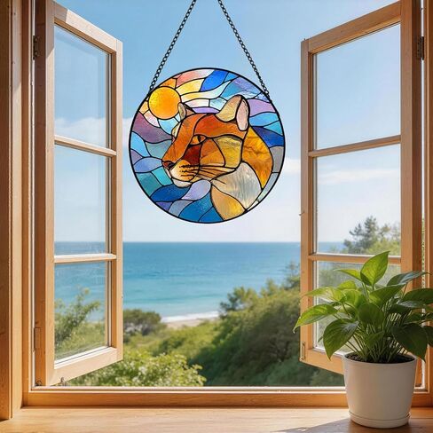 Stained Glass Suncatcher Mountain Lion Art Window Hanging, Sunset Wildlife Decor for Home, Unique Gift for Mom, Grandma, Wife, Nature Lover, Birthday Housewarming (Mixed,11.8×11.8 in) in Kuwait
