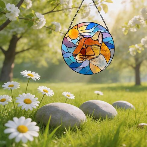 Stained Glass Suncatcher Mountain Lion Art Window Hanging, Sunset Wildlife Decor for Home, Unique Gift for Mom, Grandma, Wife, Nature Lover, Birthday Housewarming (Mixed,11.8×11.8 in) in Kuwait