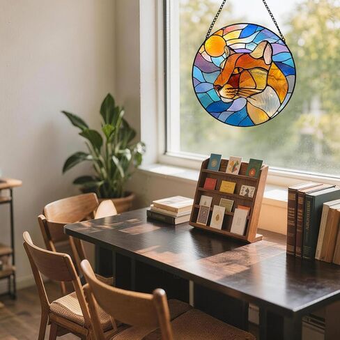Stained Glass Suncatcher Mountain Lion Art Window Hanging, Sunset Wildlife Decor for Home, Unique Gift for Mom, Grandma, Wife, Nature Lover, Birthday Housewarming (Mixed,11.8×11.8 in) in Kuwait