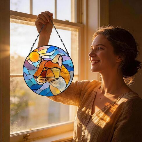 Stained Glass Suncatcher Mountain Lion Art Window Hanging, Sunset Wildlife Decor for Home, Unique Gift for Mom, Grandma, Wife, Nature Lover, Birthday Housewarming (Mixed,11.8×11.8 in) in Kuwait