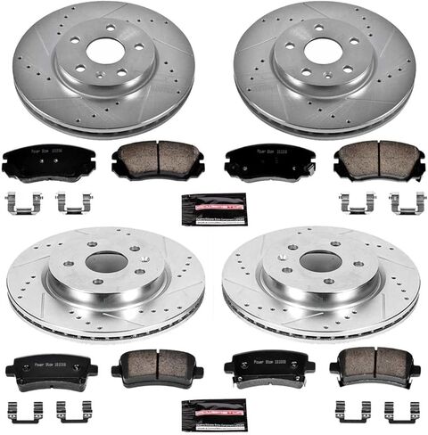 طقم فرامل أمامية وخلفية PowerStop لسيارة Buick Allure 2010 |LaCrosse 2010-16 |Regal 2011-17 - دوارات قرصية محفورة ومشقوقة مع استبدال وسادات فرامل سيراميك من ألياف الكربون، K5515 in Kuwait