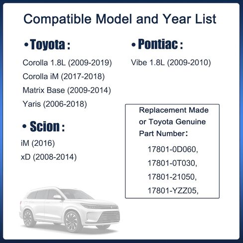 فلتر هواء المحرك CA10190، بديل لسيارة Toyota Corolla، Matrix، Yaris، Scion iM، xD، Pontiac Vibe، يحمي المحرك حتى 12 شهرًا أو 12,000 ميل.OE #:17801-0D060,17801-21050 in Kuwait