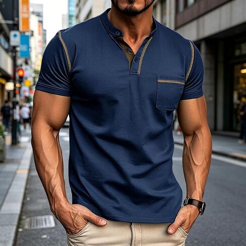 Men's Henley Shirts Short Sleeve Business Casual Cotton T-Shirt Classic Button Basic Stylish Tees Tops with Pocket in Saudi Arabia