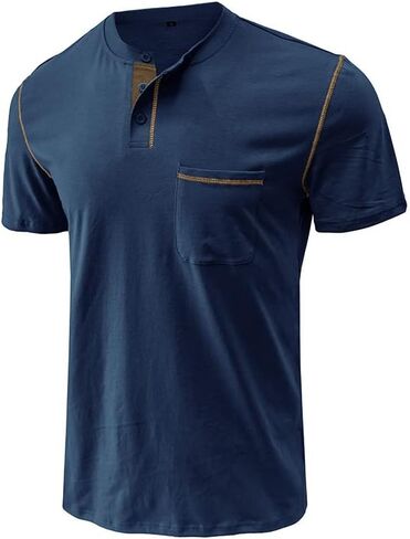 Men's Henley Shirts Short Sleeve Business Casual Cotton T-Shirt Classic Button Basic Stylish Tees Tops with Pocket in Saudi Arabia