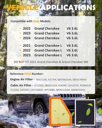 Engine Air Filter & Cabin Air Filter Combo Pack Compatible with 2022 2023 2024 Grand Cherokee 2021 2022 2023 Grand Cherokee L V6 3.6L Replace# CF12935 68376815AA A3176 in Saudi Arabia