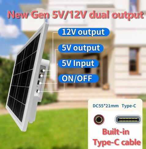 8W Solar Panel Charger with Built-in 12000mAh Battery Backup, 5V/12V Type-C & DC Dual Output, IP65 Waterproof Solar Power Supply for Security Camera, Trail Camera, Video Doorbell in Saudi Arabia