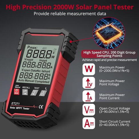 XUNTOP 2000W Solar Panel Tester with Overcurrent Overvoltage Reverse Polarity Protect 90V 40A Photovoltaic Multimeter for Pmax Vmp Amp Voc Lsc MPPT Meter with Auto Data Hold for Solar PV Testing in Saudi Arabia