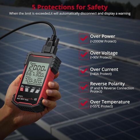 XUNTOP 2000W Solar Panel Tester with Overcurrent Overvoltage Reverse Polarity Protect 90V 40A Photovoltaic Multimeter for Pmax Vmp Amp Voc Lsc MPPT Meter with Auto Data Hold for Solar PV Testing in Saudi Arabia