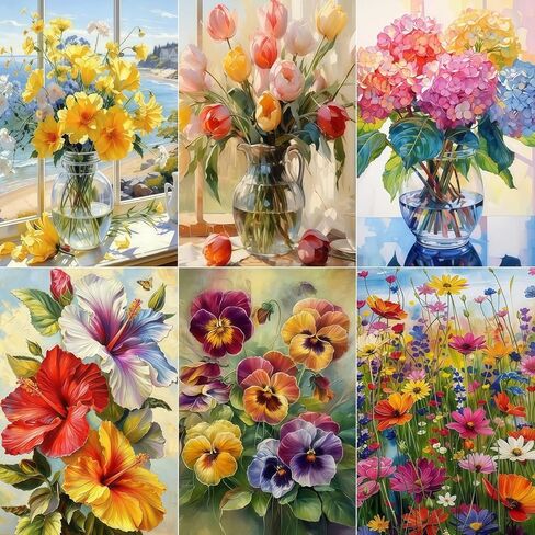 XSJDBYYQ 6 Pack Diamond Art Kits for Adults, 5D Full Drill Round Diamond Painting Flower Kits, DIY Diamond Art Paintings for Beginners, Relaxing Gem by Number Art Crafts for Home Wall Decor,12x16 Inch in Saudi Arabia