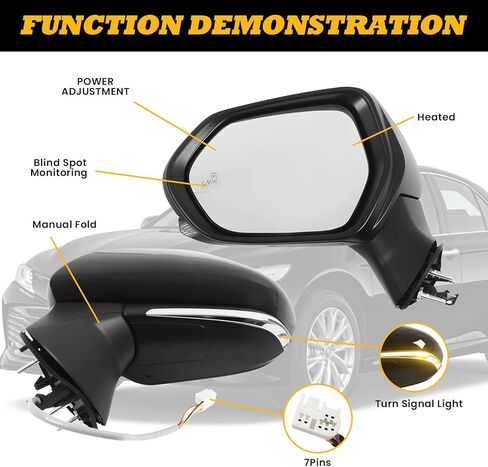 Left Driver Side Mirror Assembly Compatible with Camry 2018-2022 Heated & Turn Signal & Blind Spot (BSD) & Power TO1320368 8794006840 Black (7Pins) in Kuwait