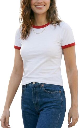 Zengjo Ringer Tee Women Crewneck Short Sleeve Plain Retro T-Shirt Crop Top in Saudi Arabia