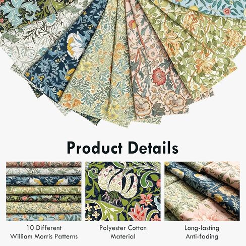 10 Pcs 20x20 Inch William Morris Floral Quilting Fabric, Vintage Flower Precut Fat Quarters by The Yard, Patchwork Fabric Bundles for Sewing DIY Crafts and Home Decoration in Saudi Arabia