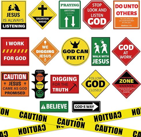 QOUBAI 18PCS Religious Construction Cutouts VBS Traffic Road Sign for Jesus Birthday Construction Classroom Bulletin Board Decoration with Caution Tape for God Christian Sunday School Bible Wall Decor in Kuwait