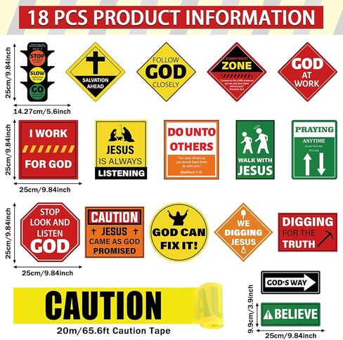 QOUBAI 18PCS Religious Construction Cutouts VBS Traffic Road Sign for Jesus Birthday Construction Classroom Bulletin Board Decoration with Caution Tape for God Christian Sunday School Bible Wall Decor in Kuwait