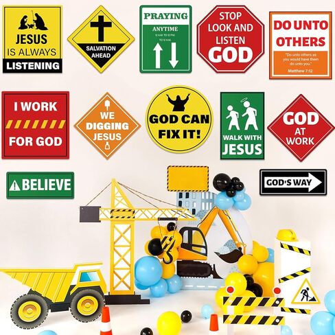 QOUBAI 18PCS Religious Construction Cutouts VBS Traffic Road Sign for Jesus Birthday Construction Classroom Bulletin Board Decoration with Caution Tape for God Christian Sunday School Bible Wall Decor in Kuwait