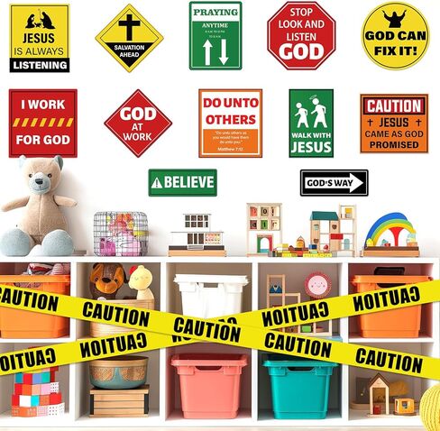QOUBAI 18PCS Religious Construction Cutouts VBS Traffic Road Sign for Jesus Birthday Construction Classroom Bulletin Board Decoration with Caution Tape for God Christian Sunday School Bible Wall Decor in Kuwait